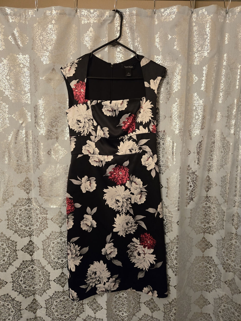 White House Black Market Black Midi Dress with Red & White Floral Print